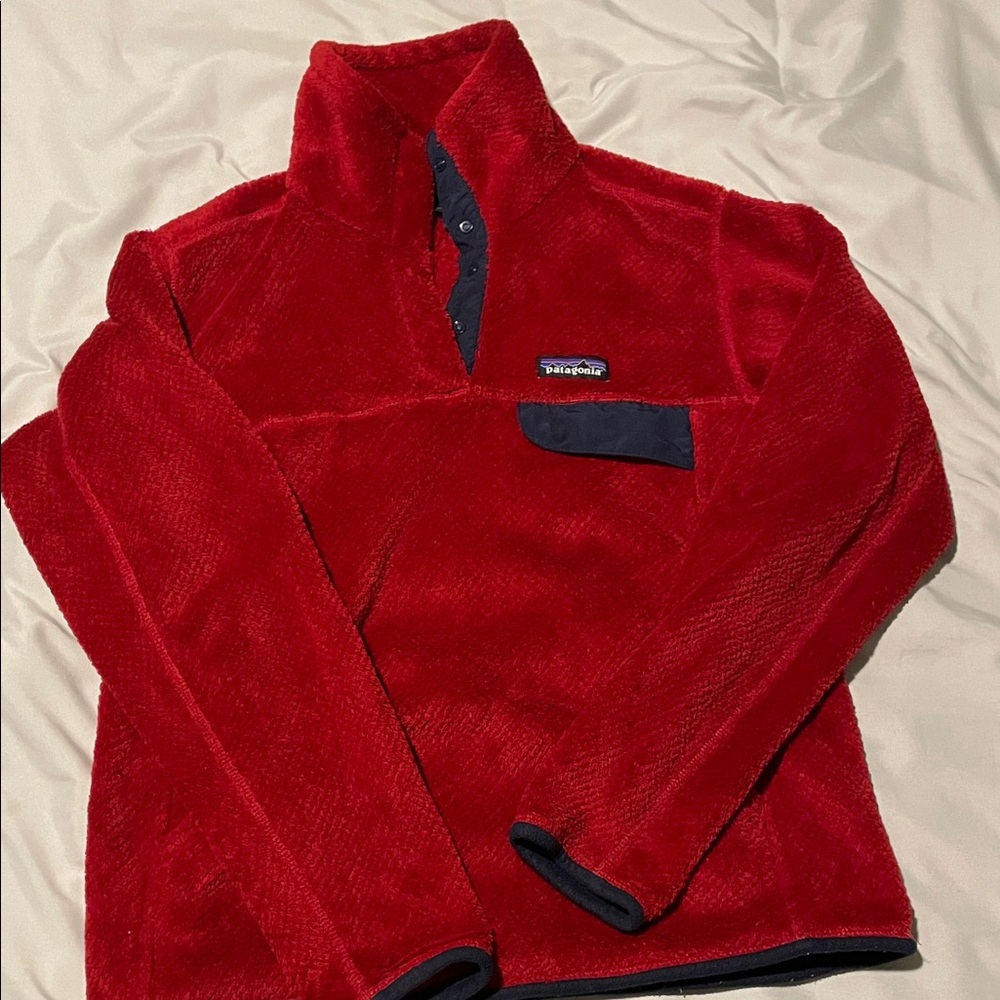 Patagonia Red Fleece Pullover with Navy Details